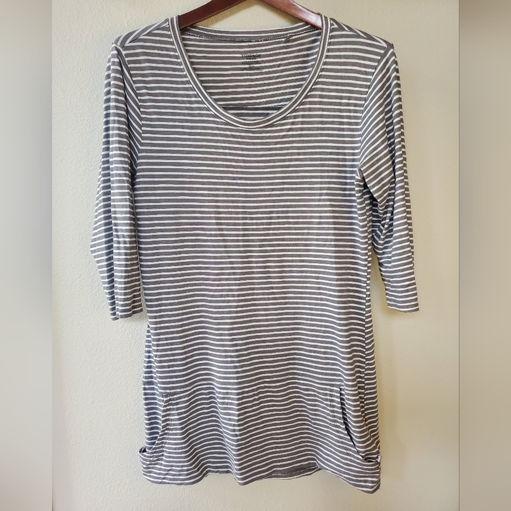 Toad&co Womens Gray/white striped tunic top. 3/4 length sleeves. Oversized. Size